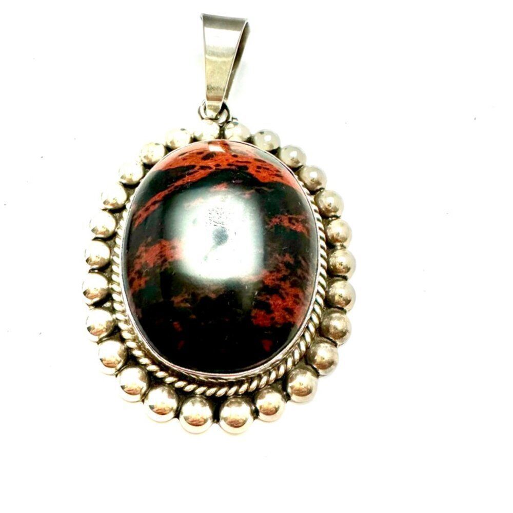 Taxco Mexico Sterling Silver Pendant Oval Shape Bead Edge 925 Obsidian